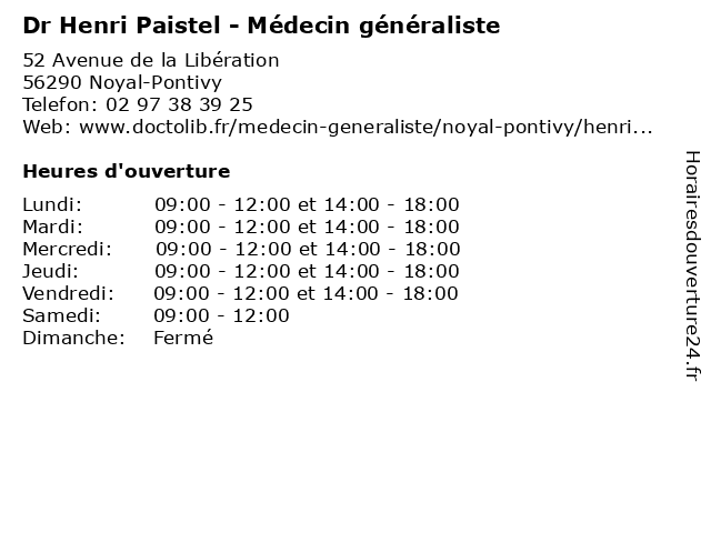 Dr Henri Paistel - Médecin généraliste à Noyal-Pontivy: adresse et heures d'ouverture