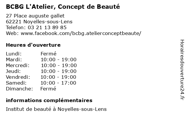 BCBG L'Atelier, Concept de Beauté à Noyelles-sous-Lens: adresse et heures d'ouverture