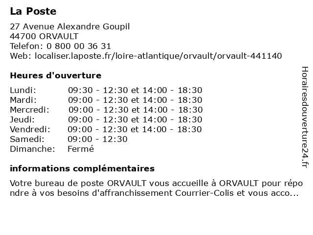 La Poste à ORVAULT: adresse et heures d'ouverture