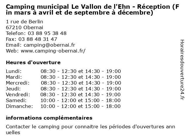 Camping municipal Le Vallon de l'Ehn - Réception (Fin mars à avril et de septembre à décembre) à Obernai: adresse et heures d'ouverture