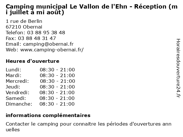 Camping municipal Le Vallon de l'Ehn - Réception (mi juillet à mi août) à Obernai: adresse et heures d'ouverture