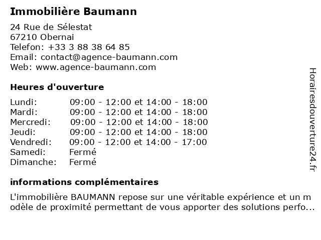 Immobilière Baumann à Obernai: adresse et heures d'ouverture