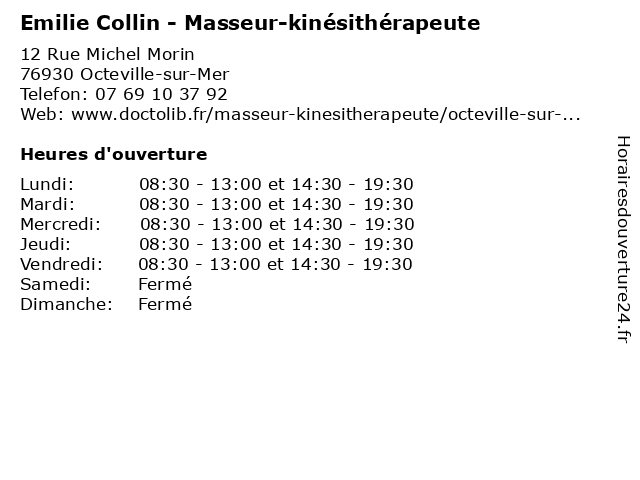 Emilie Collin - Masseur-kinésithérapeute à Octeville-sur-Mer: adresse et heures d'ouverture