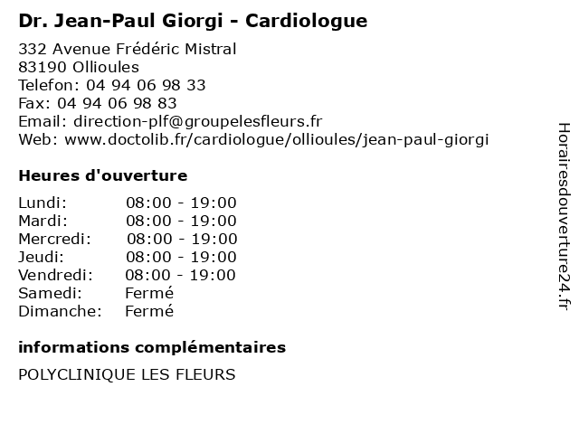 Dr. Jean-Paul Giorgi - Cardiologue à Ollioules: adresse et heures d'ouverture