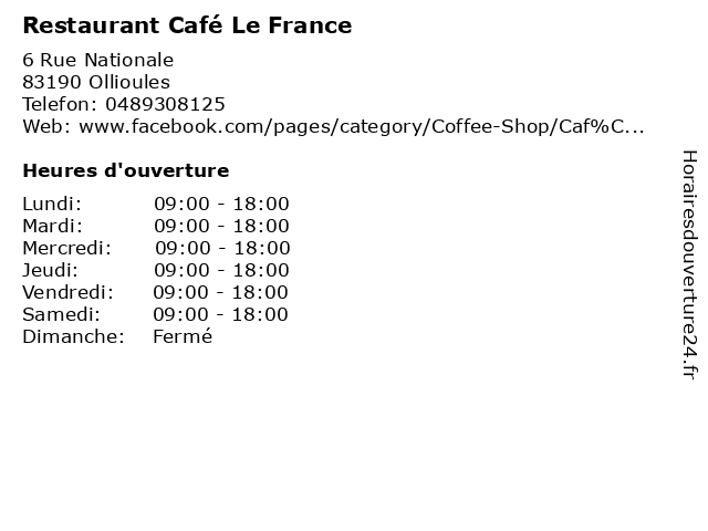 Restaurant Café Le France à Ollioules: adresse et heures d'ouverture