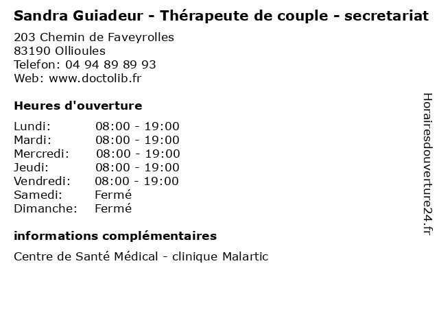 Sandra Guiadeur - Thérapeute de couple - secretariat à Ollioules: adresse et heures d'ouverture