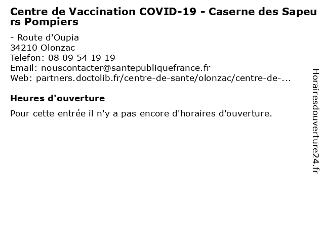 Centre de Vaccination COVID-19 - Caserne des Sapeurs Pompiers à Olonzac: adresse et heures d'ouverture