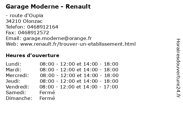 Garage Moderne - Renault à Olonzac: adresse et heures d'ouverture