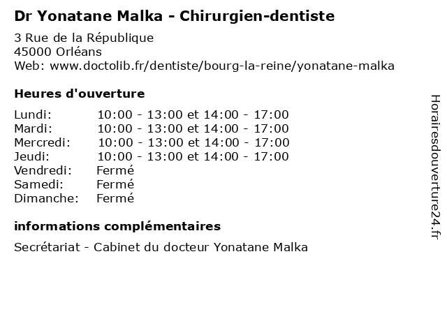 Dr Yonatane Malka - Chirurgien-dentiste à Orléans: adresse et heures d'ouverture
