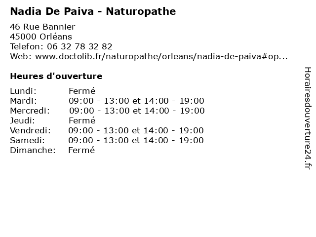 Nadia De Paiva - Naturopathe à Orléans: adresse et heures d'ouverture