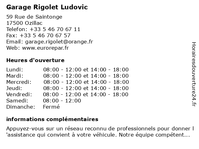 Eurorepar - Garage Rigolet Ludovic à Ozillac: adresse et heures d'ouverture