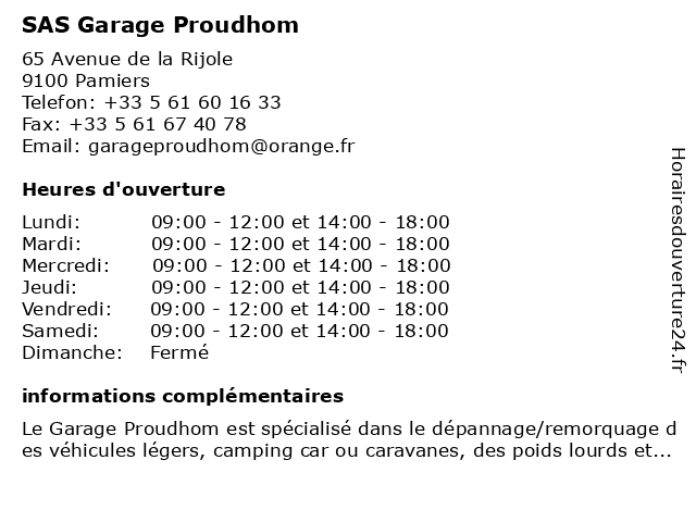SAS Garage Proudhom à Pamiers: adresse et heures d'ouverture