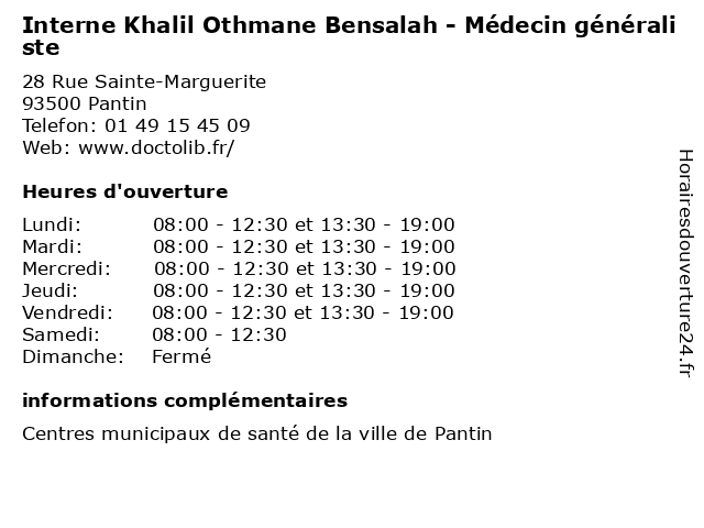 Interne Khalil Othmane Bensalah - Médecin généraliste à Pantin: adresse et heures d'ouverture