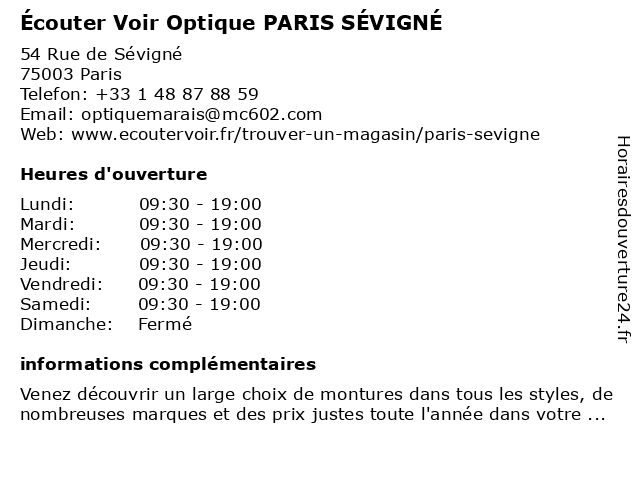 Écouter Voir Optique PARIS SÉVIGNÉ à Paris: adresse et heures d'ouverture