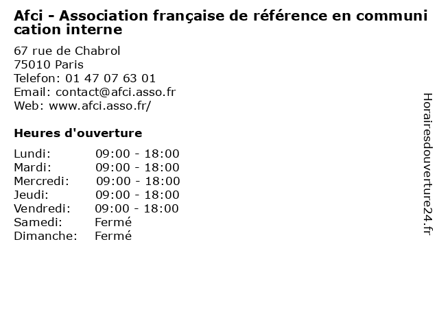 Afci - Association française de référence en communication interne à Paris: adresse et heures d'ouverture