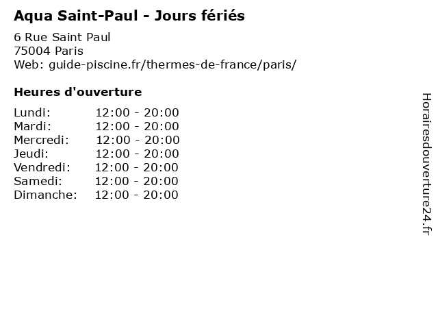 Aqua Saint-Paul - Jours fériés à Paris: adresse et heures d'ouverture