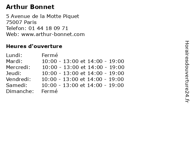 Arthur Bonnet à Paris: adresse et heures d'ouverture