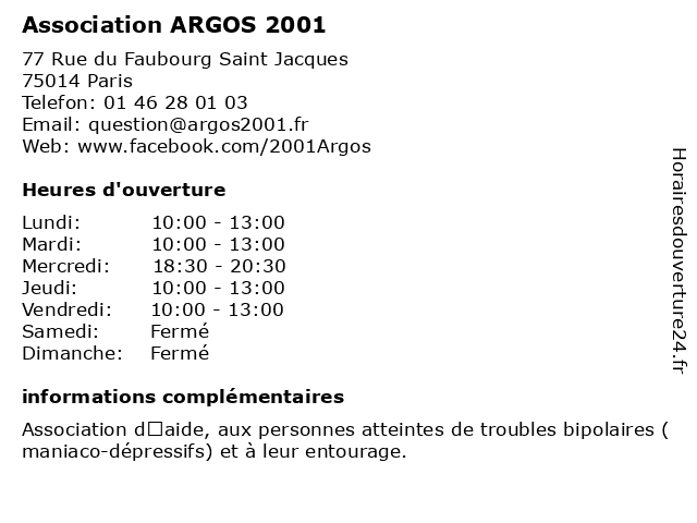 Association ARGOS 2001 à Paris: adresse et heures d'ouverture