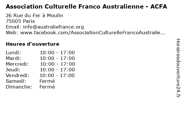 Association Culturelle Franco Australienne - ACFA à Paris: adresse et heures d'ouverture