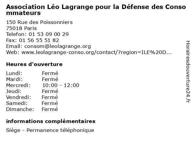Association Léo Lagrange pour la Défense des Consommateurs à Paris: adresse et heures d'ouverture