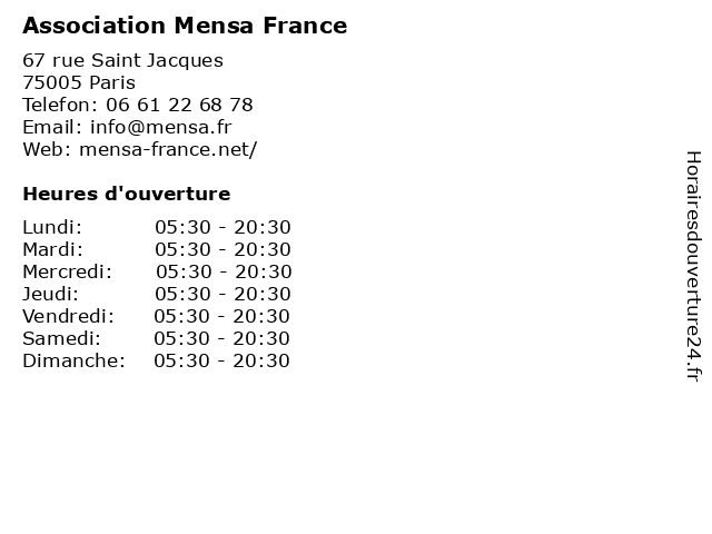 Association Mensa France à Paris: adresse et heures d'ouverture