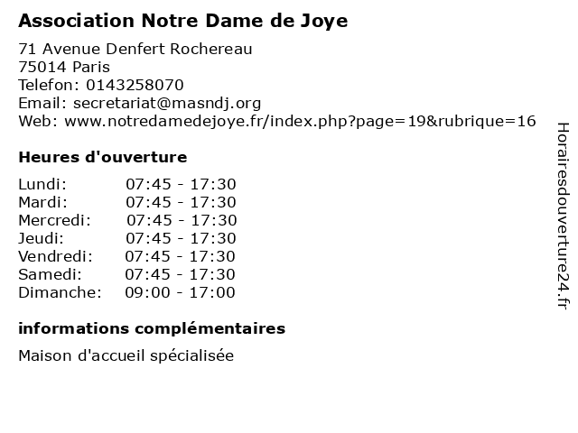Association Notre Dame de Joye à Paris: adresse et heures d'ouverture