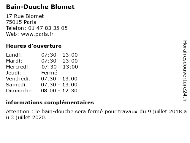 Bain-Douche Blomet à Paris: adresse et heures d'ouverture
