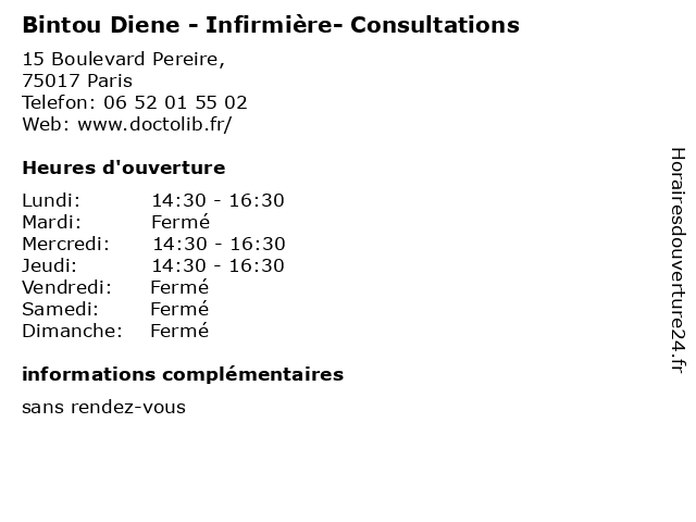 Bintou Diene - Infirmière- Consultations à Paris: adresse et heures d'ouverture