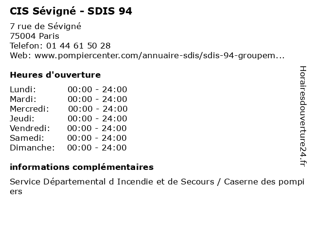 CIS Sévigné - SDIS 94 à Paris: adresse et heures d'ouverture