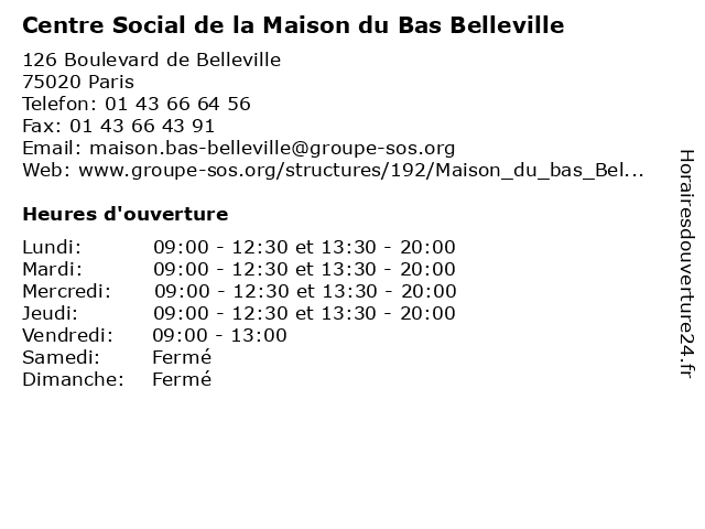 Centre Social de la Maison du Bas Belleville à Paris: adresse et heures d'ouverture