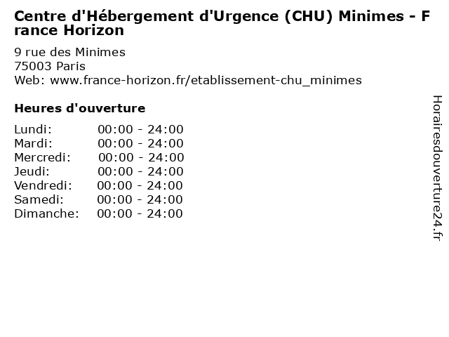 Centre d'Hébergement d'Urgence (CHU) Minimes - France Horizon à Paris: adresse et heures d'ouverture