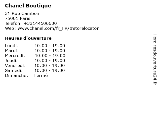 ᐅ Horaires d'ouverture „Chanel Boutique“ | 31 Rue Cambon à Paris ᐅ Horaires d'ouverture „Chanel Boutique“ | 31 Rue Cambon à Paris