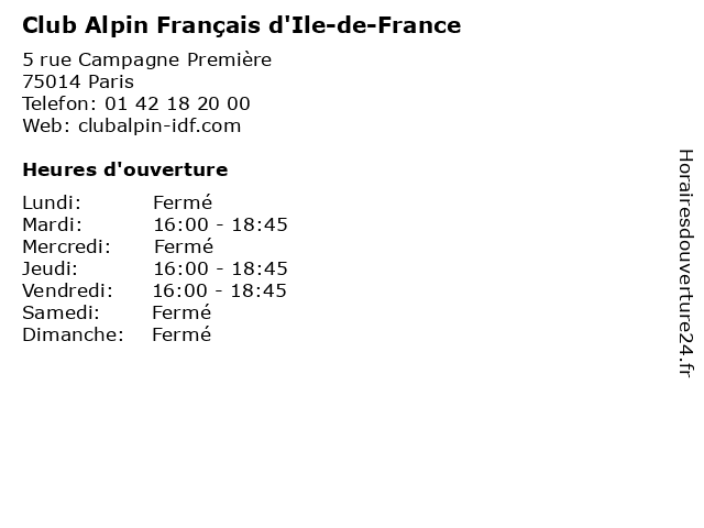 Club Alpin Français d'Ile-de-France à Paris: adresse et heures d'ouverture