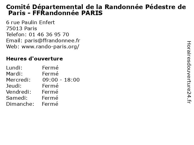 Comité Départemental de la Randonnée Pédestre de Paris - FFRandonnée PARIS à Paris: adresse et heures d'ouverture