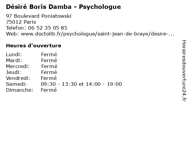 Désiré Boris Damba - Psychologue à Paris: adresse et heures d'ouverture