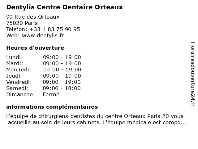 Dentylis Centre Dentaire Orteaux à Paris: adresse et heures d'ouverture