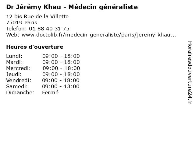 Dr Jérémy Khau - Médecin généraliste à Paris: adresse et heures d'ouverture