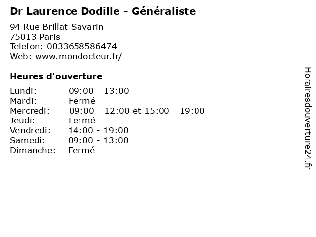 Dr Laurence Dodille - Généraliste à Paris: adresse et heures d'ouverture