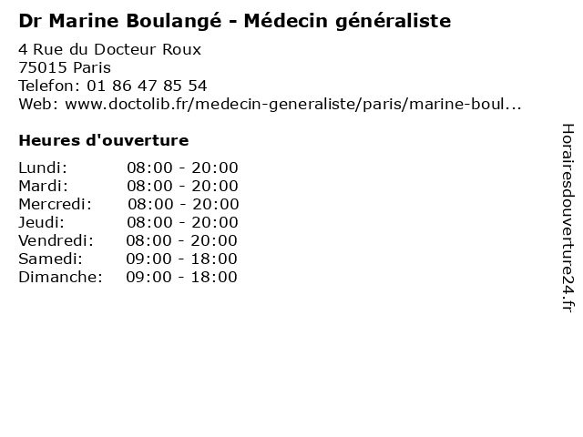 Dr Marine Boulangé - Médecin généraliste à Paris: adresse et heures d'ouverture