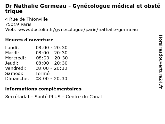 Dr Nathalie Germeau - Gynécologue médical et obstétrique à Paris: adresse et heures d'ouverture
