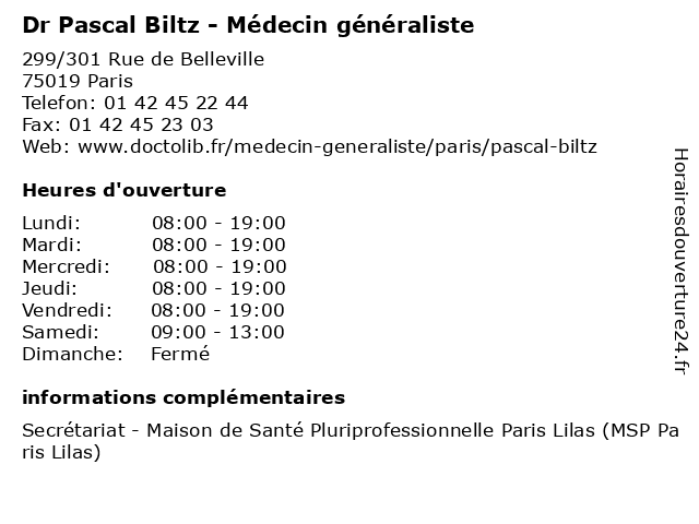 Dr Pascal Biltz - Médecin généraliste à Paris: adresse et heures d'ouverture