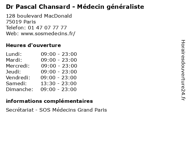 Dr Pascal Chansard - Médecin généraliste à Paris: adresse et heures d'ouverture