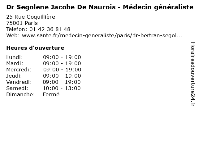 Dr Segolene Jacobe De Naurois - Médecin généraliste à Paris: adresse et heures d'ouverture