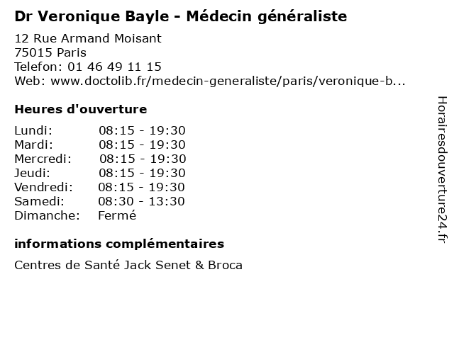 Dr Veronique Bayle - Médecin généraliste à Paris: adresse et heures d'ouverture
