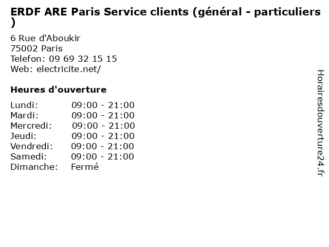 ERDF ARE Paris Service clients (général - particuliers) à Paris: adresse et heures d'ouverture