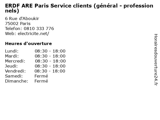 ERDF ARE Paris Service clients (général - professionnels) à Paris: adresse et heures d'ouverture