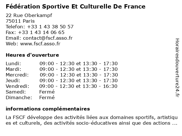 Fédération Sportive Et Culturelle De France à Paris: adresse et heures d'ouverture
