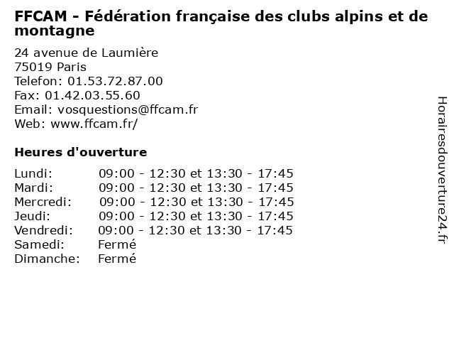FFCAM - Fédération française des clubs alpins et de montagne à Paris: adresse et heures d'ouverture
