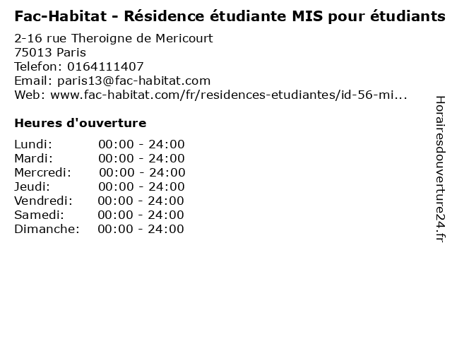 Fac-Habitat - Résidence étudiante MIS pour étudiants à Paris: adresse et heures d'ouverture