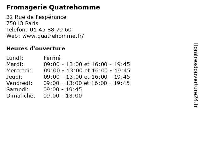 Fromagerie Quatrehomme à Paris: adresse et heures d'ouverture